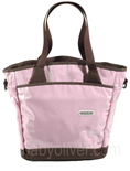 Pink and brown sling tote diaper bag.